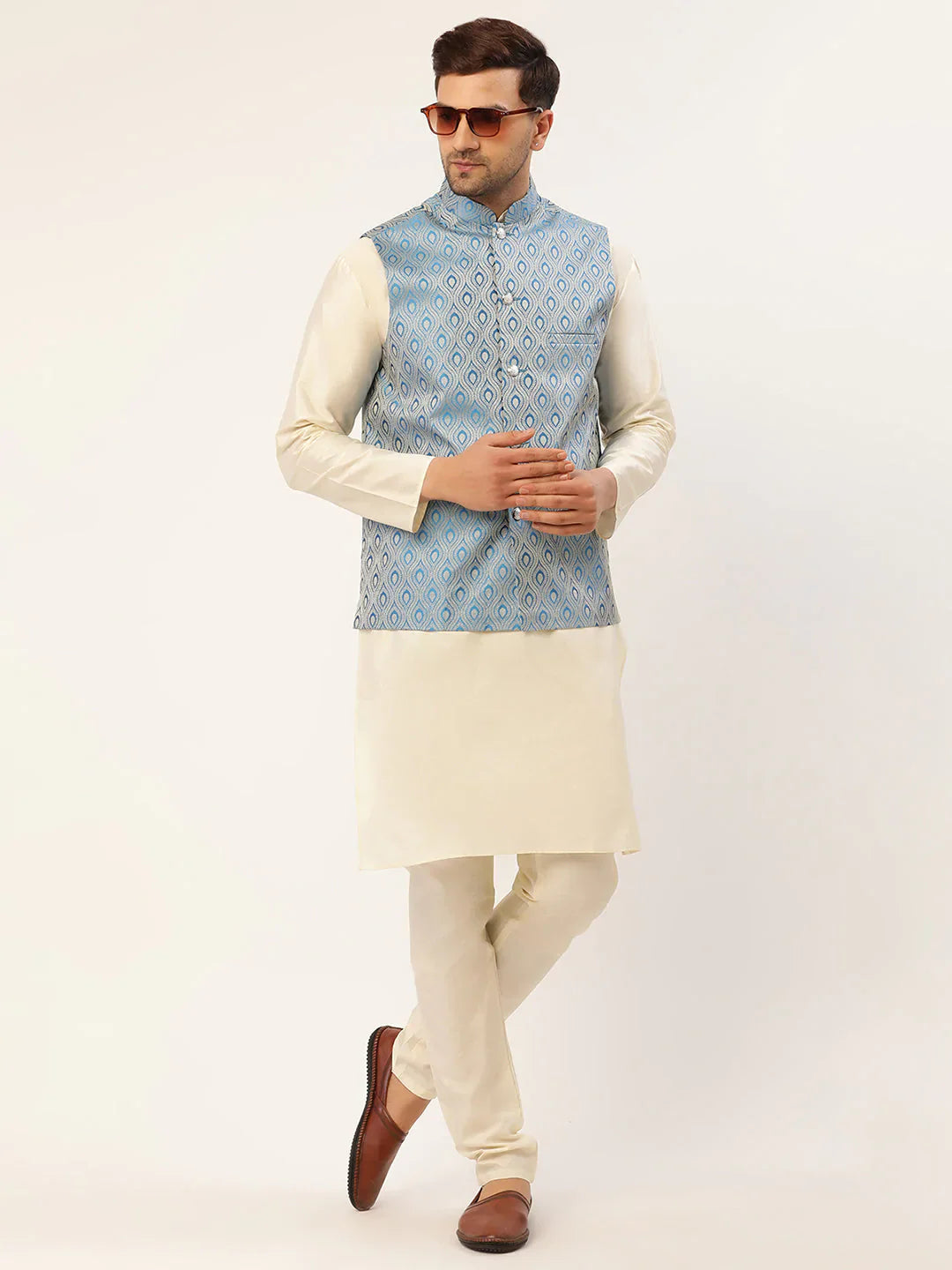 Jompers Men's Sky Blue Woven Design Nehru Jacket - Distacart