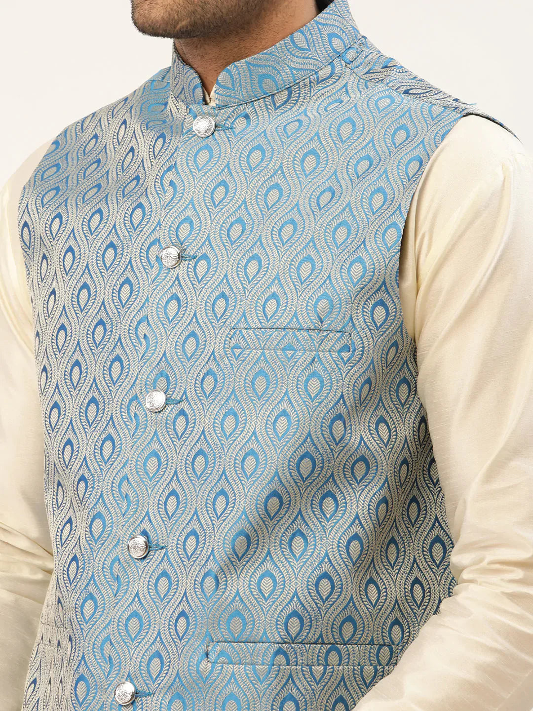 Jompers Men's Sky Blue Woven Design Nehru Jacket - Distacart