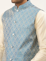 Thumbnail for Jompers Men's Sky Blue Woven Design Nehru Jacket - Distacart
