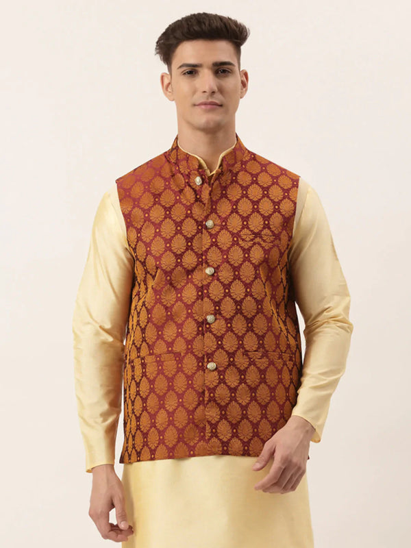 Jompers Men's Maroon Self-Designed Waistcoat - Distacart