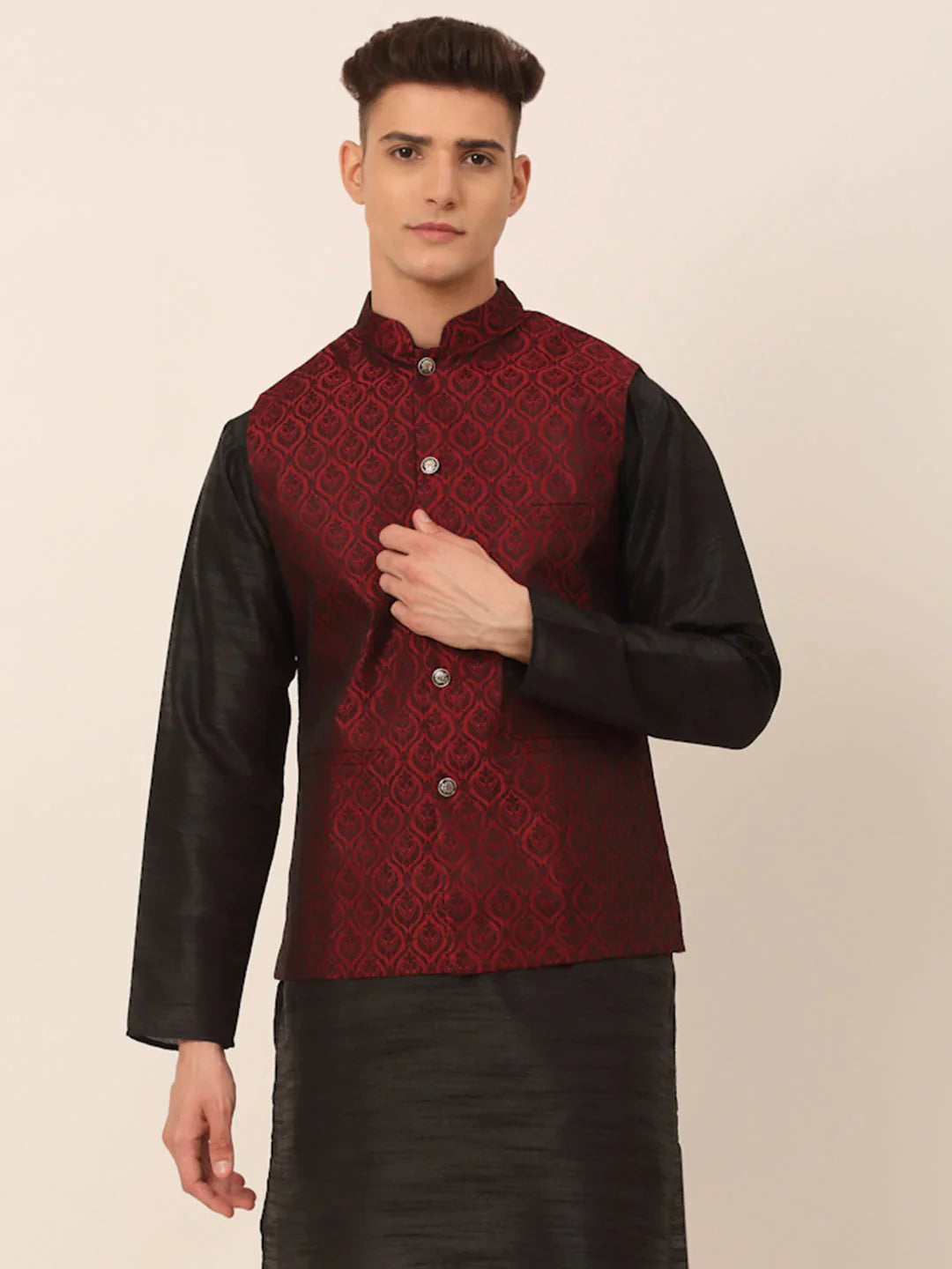 Jompers Men's Maroon Self-Designed Maroon Waistcoat - Distacart
