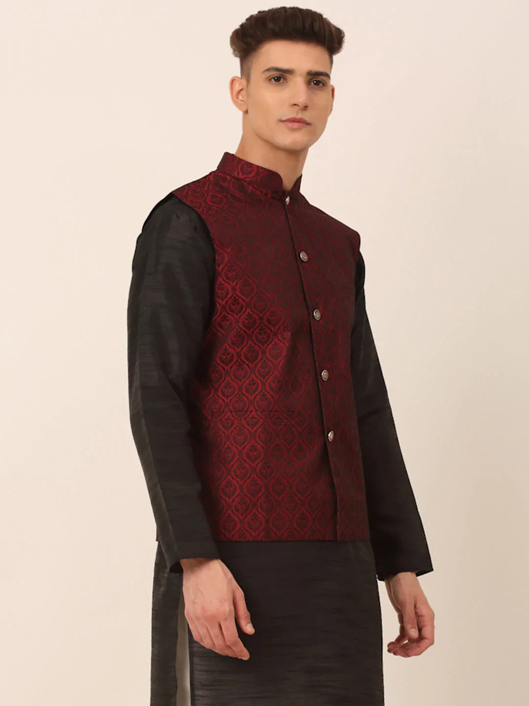Jompers Men's Maroon Self-Designed Maroon Waistcoat - Distacart