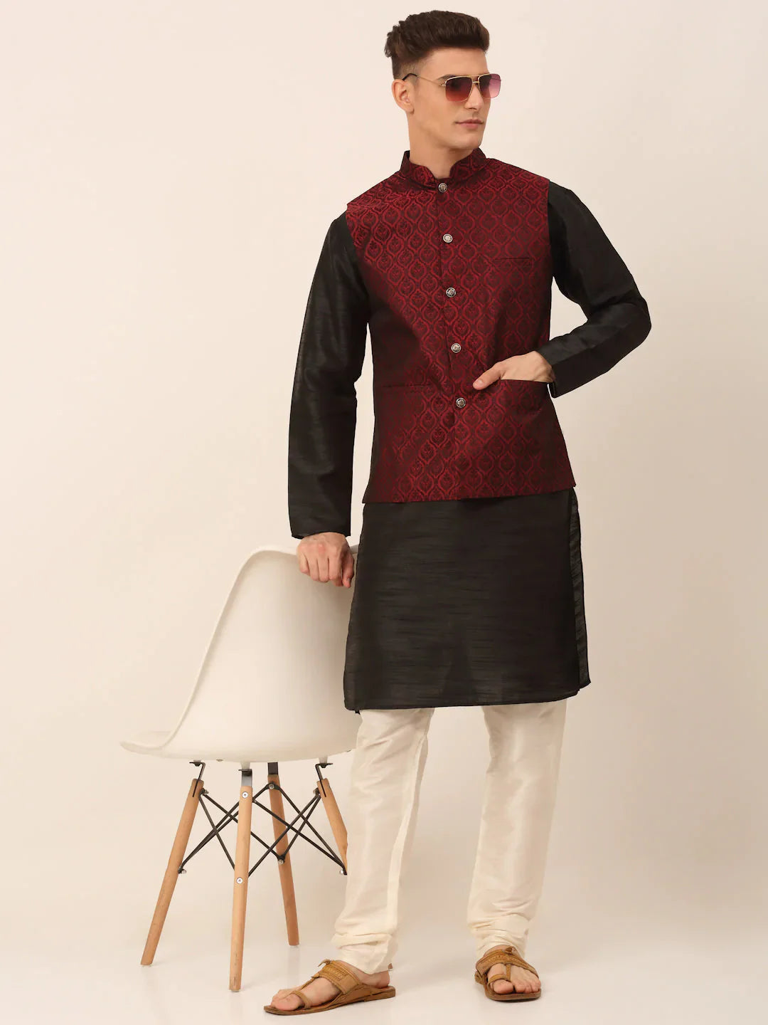 Jompers Men's Maroon Self-Designed Maroon Waistcoat - Distacart