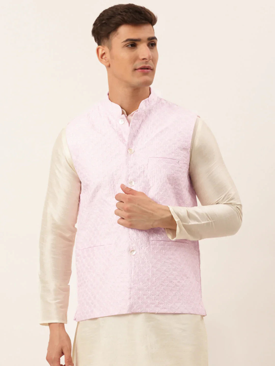 Jompers Men's Pink Pink and White Embroidered Nehru Jacket - Distacart