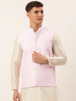 Thumbnail for Jompers Men's Pink Pink and White Embroidered Nehru Jacket - Distacart