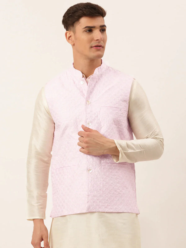 Jompers Men's Pink Pink and White Embroidered Nehru Jacket - Distacart
