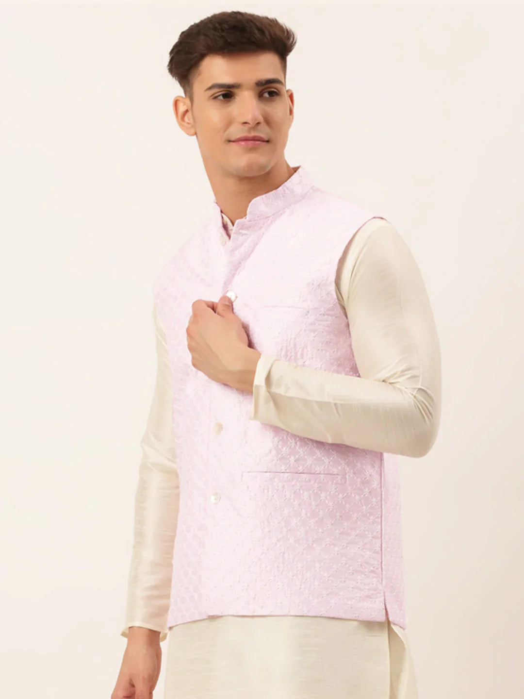 Jompers Men's Pink Pink and White Embroidered Nehru Jacket - Distacart