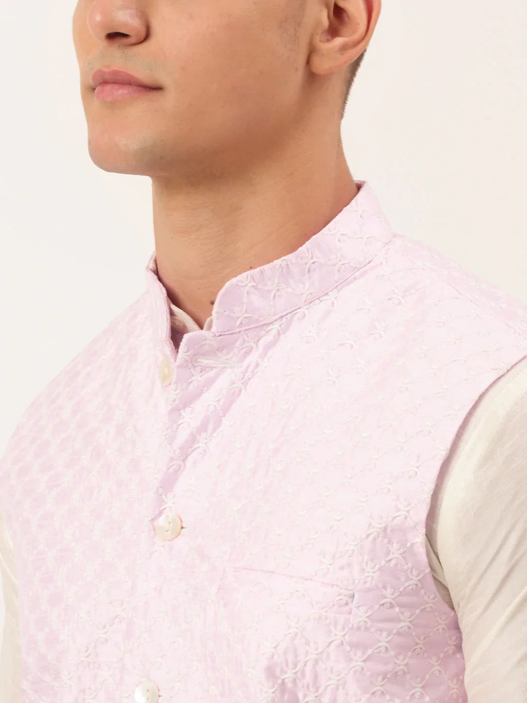 Jompers Men's Pink Pink and White Embroidered Nehru Jacket - Distacart
