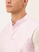 Thumbnail for Jompers Men's Pink Pink and White Embroidered Nehru Jacket - Distacart