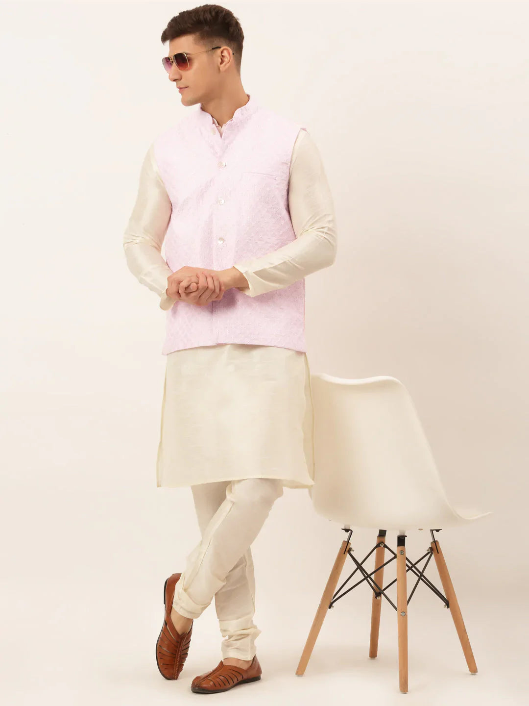 Jompers Men's Pink Pink and White Embroidered Nehru Jacket - Distacart