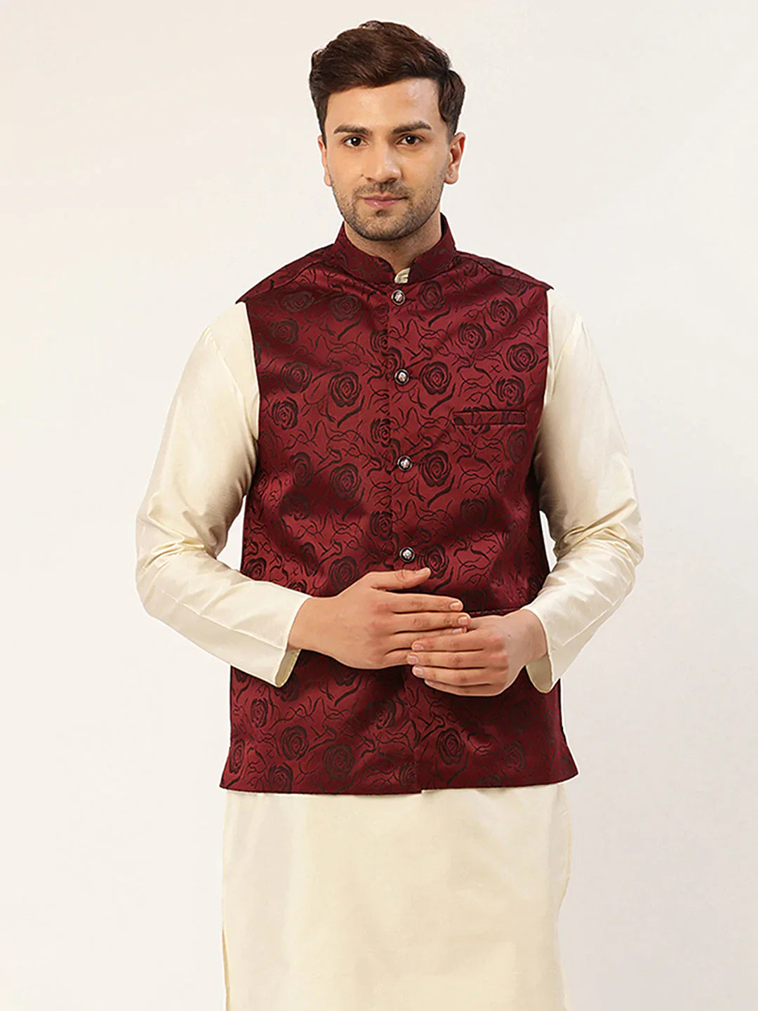Jompers Men's Maroon & Black embossed Nehru Jacket - Distacart