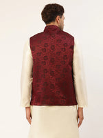 Thumbnail for Jompers Men's Maroon & Black embossed Nehru Jacket - Distacart