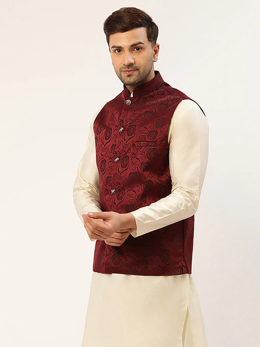 Jompers Men's Maroon & Black embossed Nehru Jacket - Distacart