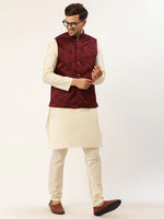 Thumbnail for Jompers Men's Maroon & Black embossed Nehru Jacket - Distacart
