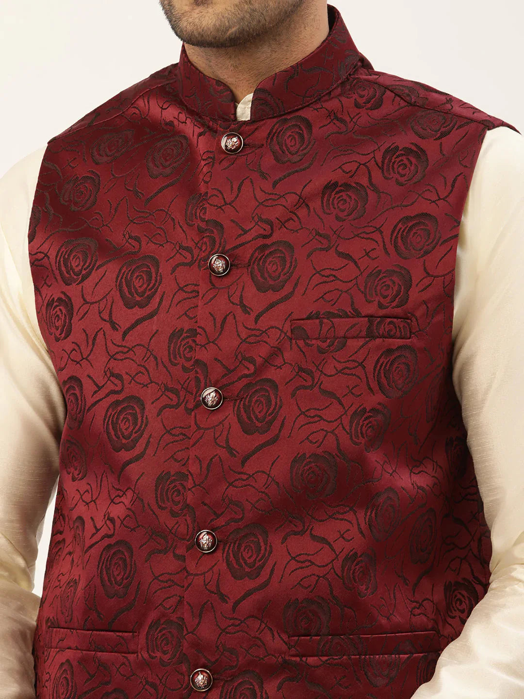 Jompers Men's Maroon & Black embossed Nehru Jacket - Distacart