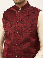 Thumbnail for Jompers Men's Maroon & Black embossed Nehru Jacket - Distacart