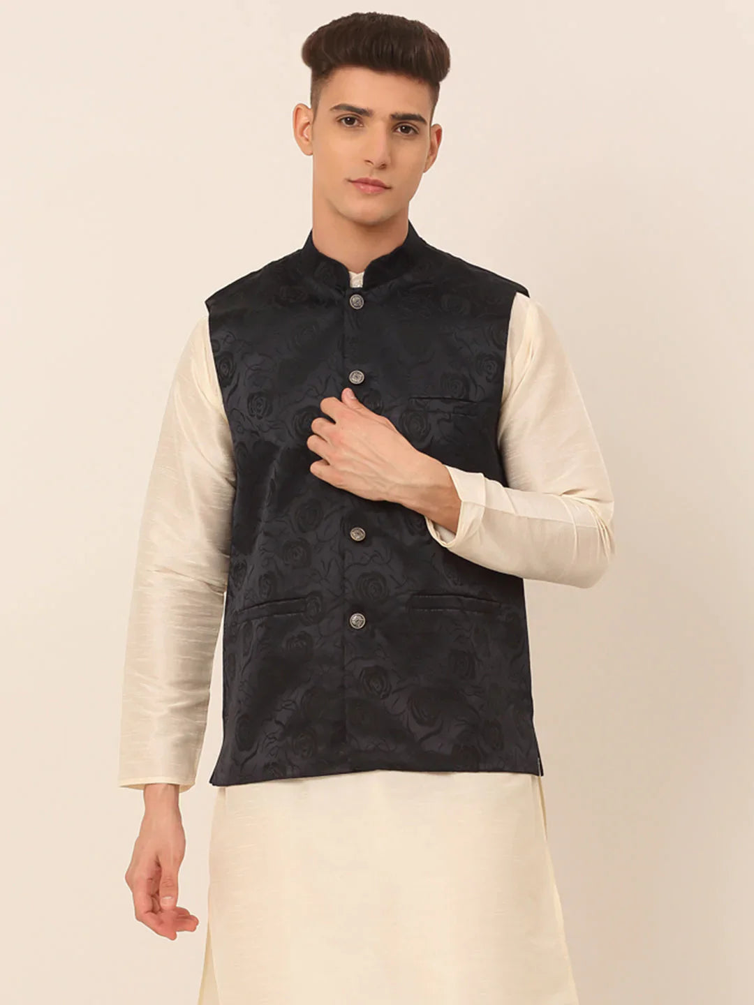 Jompers Men's Navy & Black embossed Nehru Jacket - Distacart