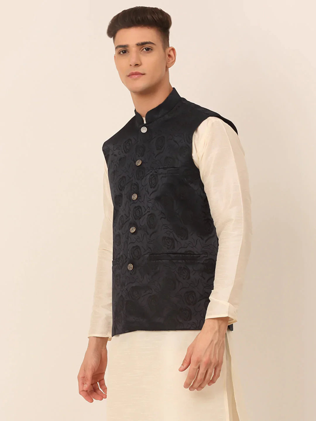 Jompers Men's Navy & Black embossed Nehru Jacket - Distacart