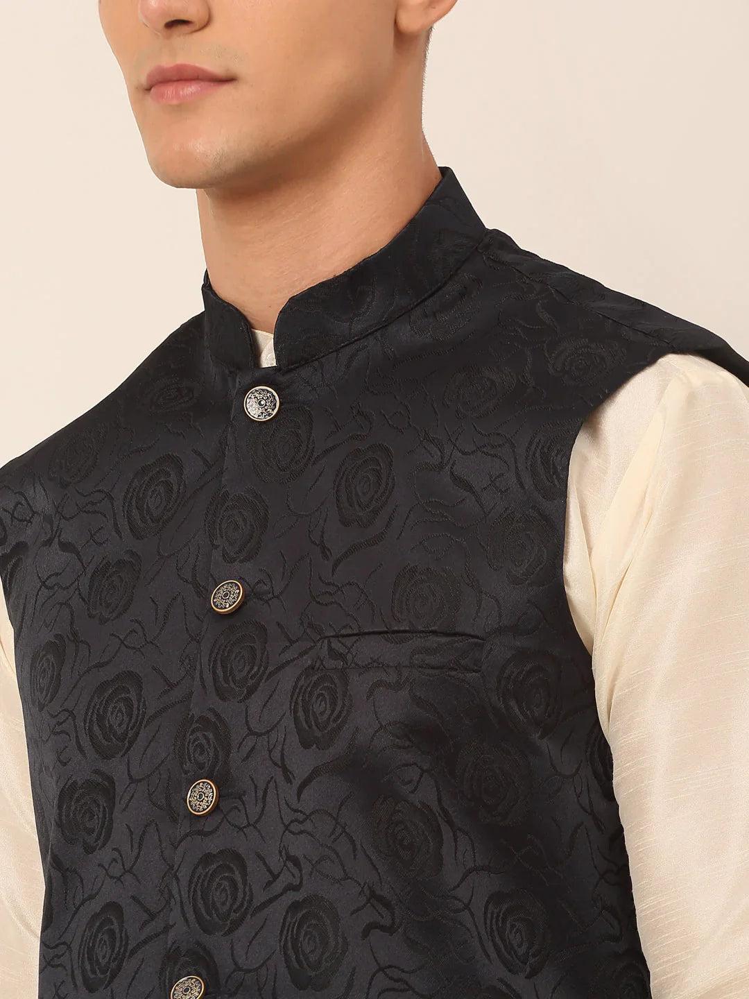 Jompers Men's Navy & Black embossed Nehru Jacket - Distacart