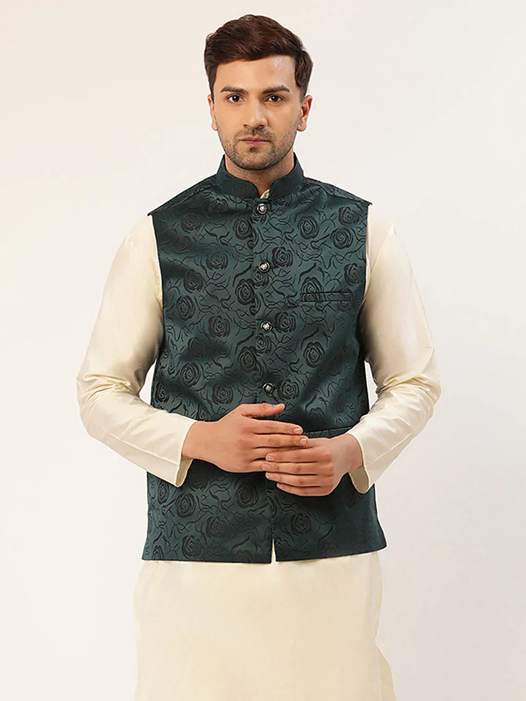 Jompers Men's Teal & Black embossed Nehru Jacket - Distacart