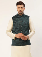 Thumbnail for Jompers Men's Teal & Black embossed Nehru Jacket - Distacart