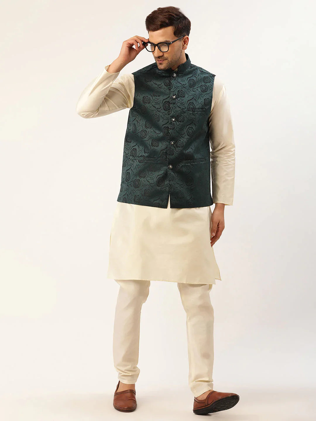 Jompers Men's Teal & Black embossed Nehru Jacket - Distacart