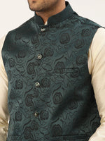 Thumbnail for Jompers Men's Teal & Black embossed Nehru Jacket - Distacart