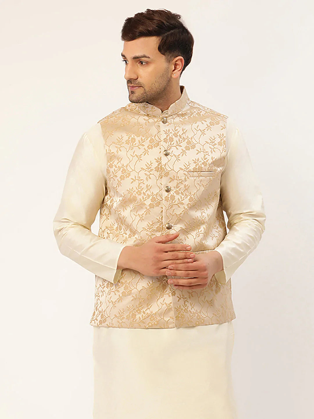 Jompers Men's Beige embossed Nehru Jacket - Distacart