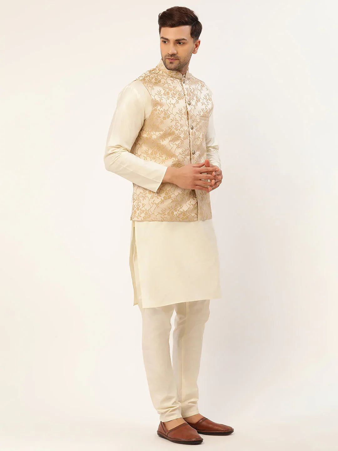 Jompers Men's Beige embossed Nehru Jacket - Distacart