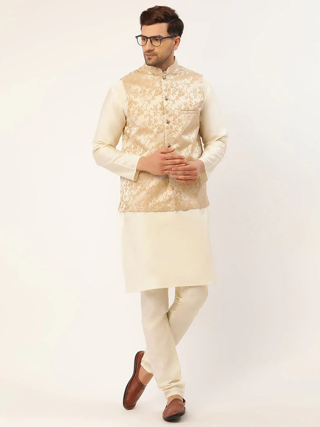 Jompers Men's Beige embossed Nehru Jacket - Distacart