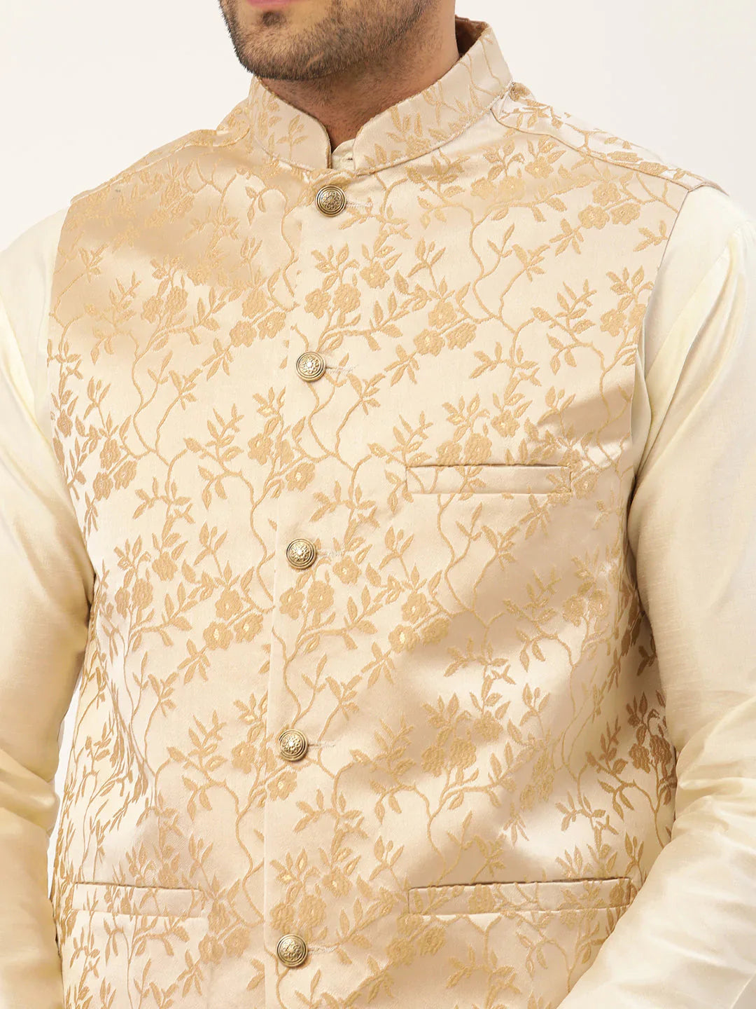 Jompers Men's Beige embossed Nehru Jacket - Distacart