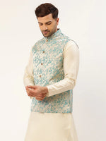 Thumbnail for Jompers Men's Blue embossed Nehru Jacket - Distacart
