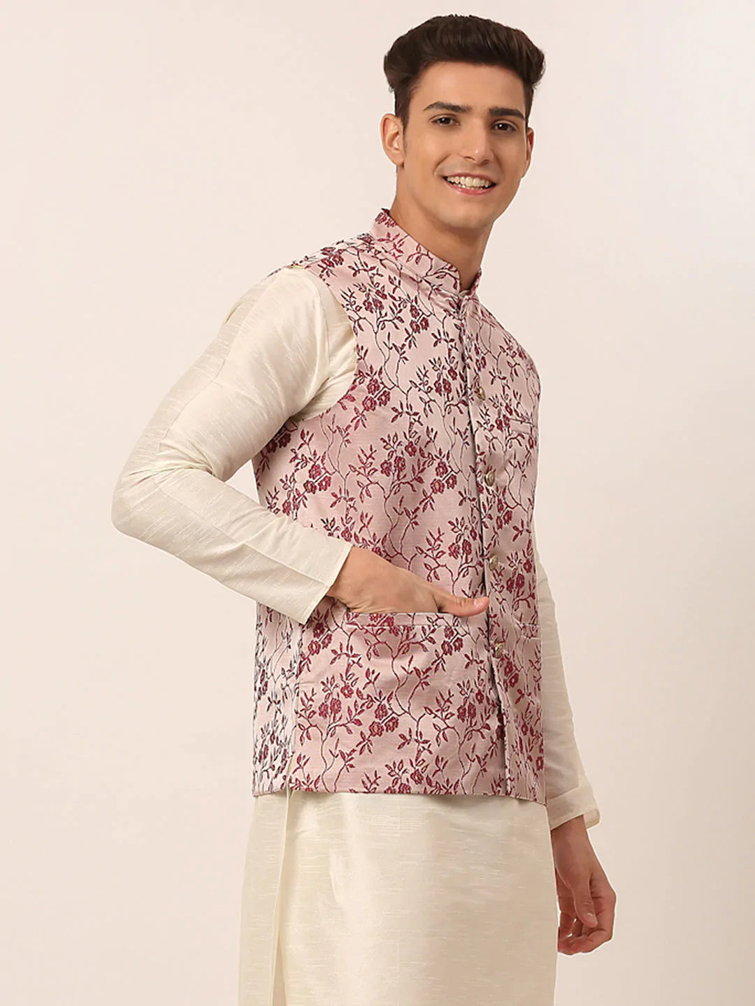 Jompers Men's Maroon Floral Design Nehru Jacket - Distacart