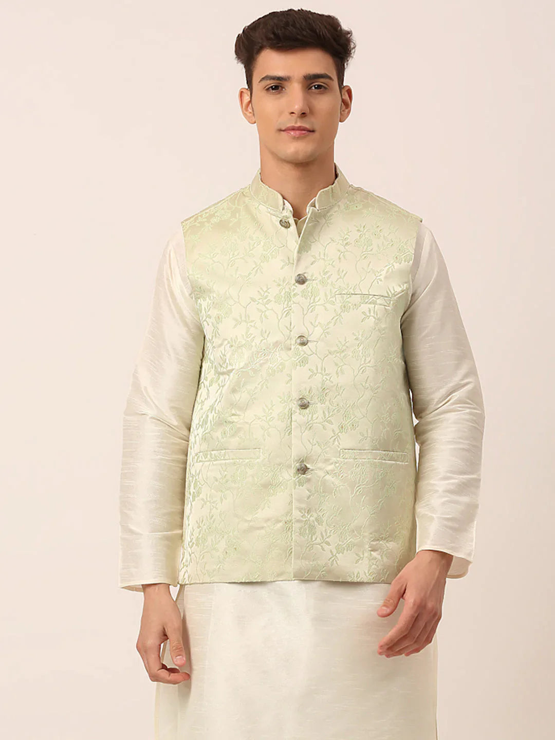 Jompers Men's Pista Green Floral Design Nehru Jacket - Distacart