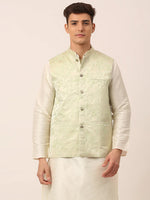 Thumbnail for Jompers Men's Pista Green Floral Design Nehru Jacket - Distacart