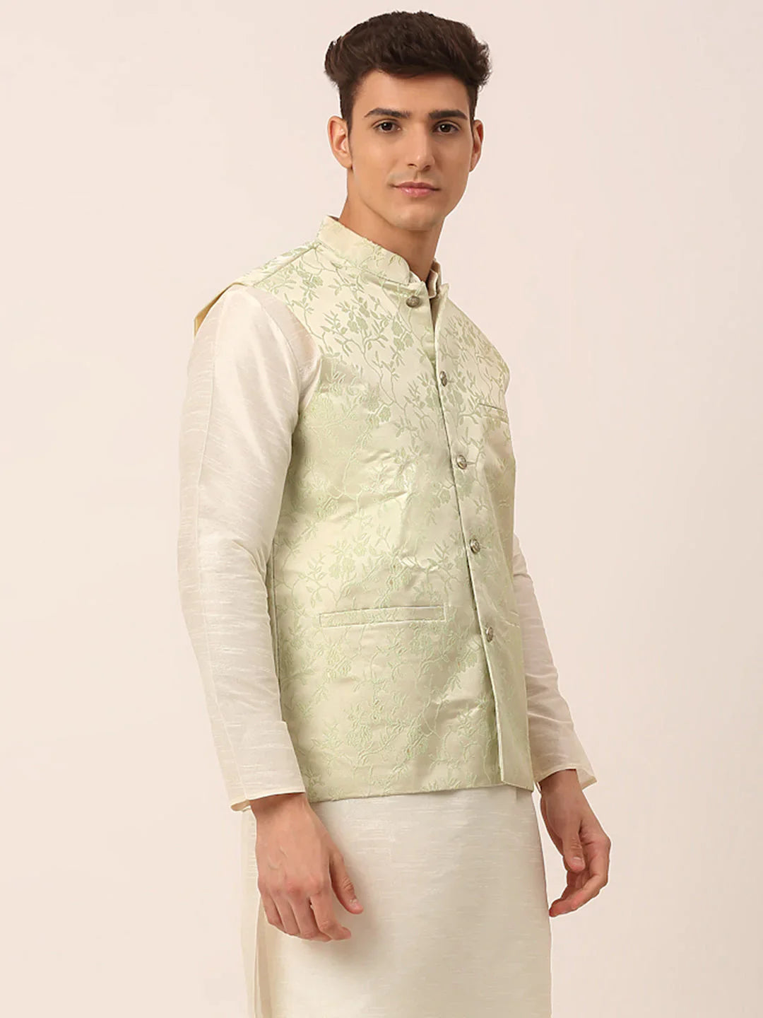 Jompers Men's Pista Green Floral Design Nehru Jacket - Distacart