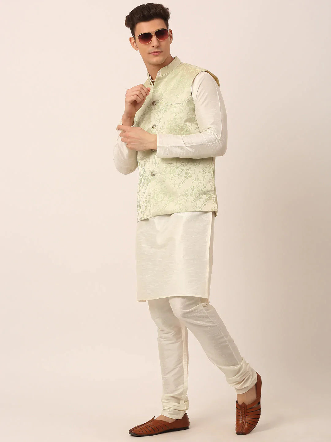 Jompers Men's Pista Green Floral Design Nehru Jacket - Distacart