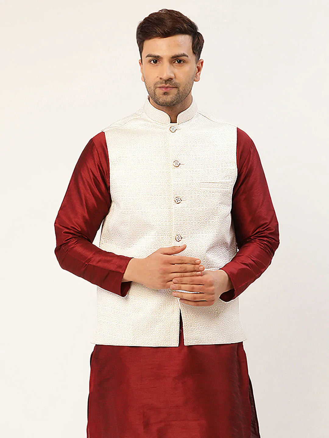 Jompers Men's White & Gold embossed Nehru Jacket - Distacart