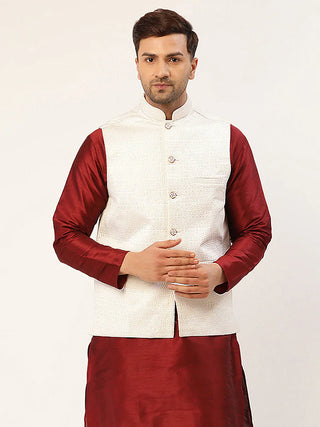 Jompers Men's White & Gold embossed Nehru Jacket - Distacart