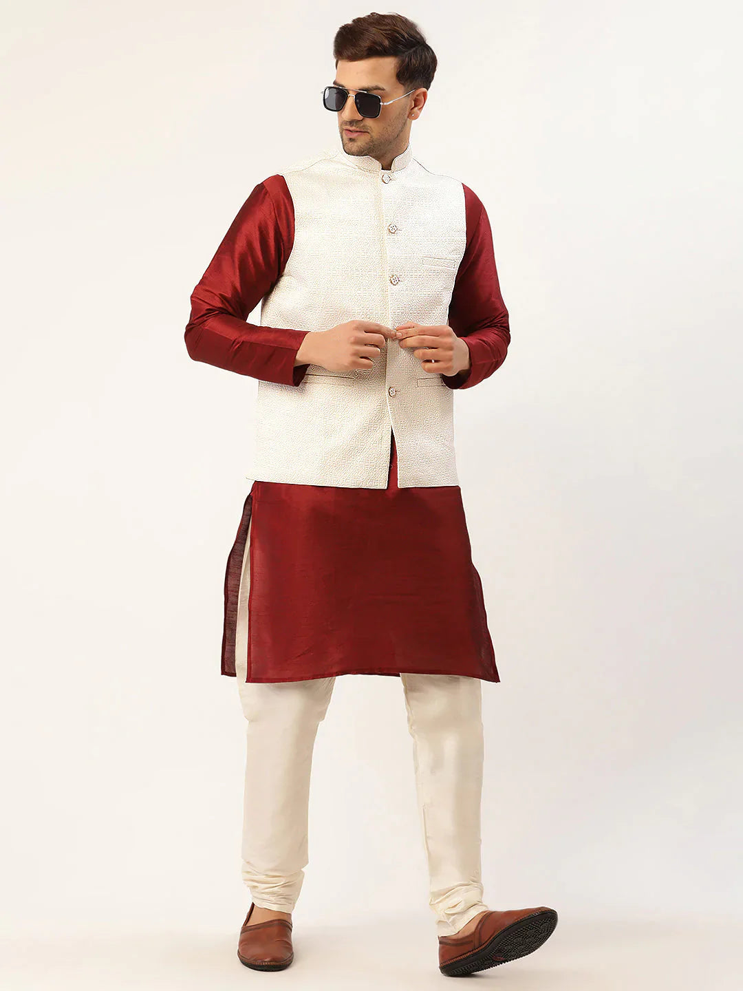 Jompers Men's White & Gold embossed Nehru Jacket - Distacart