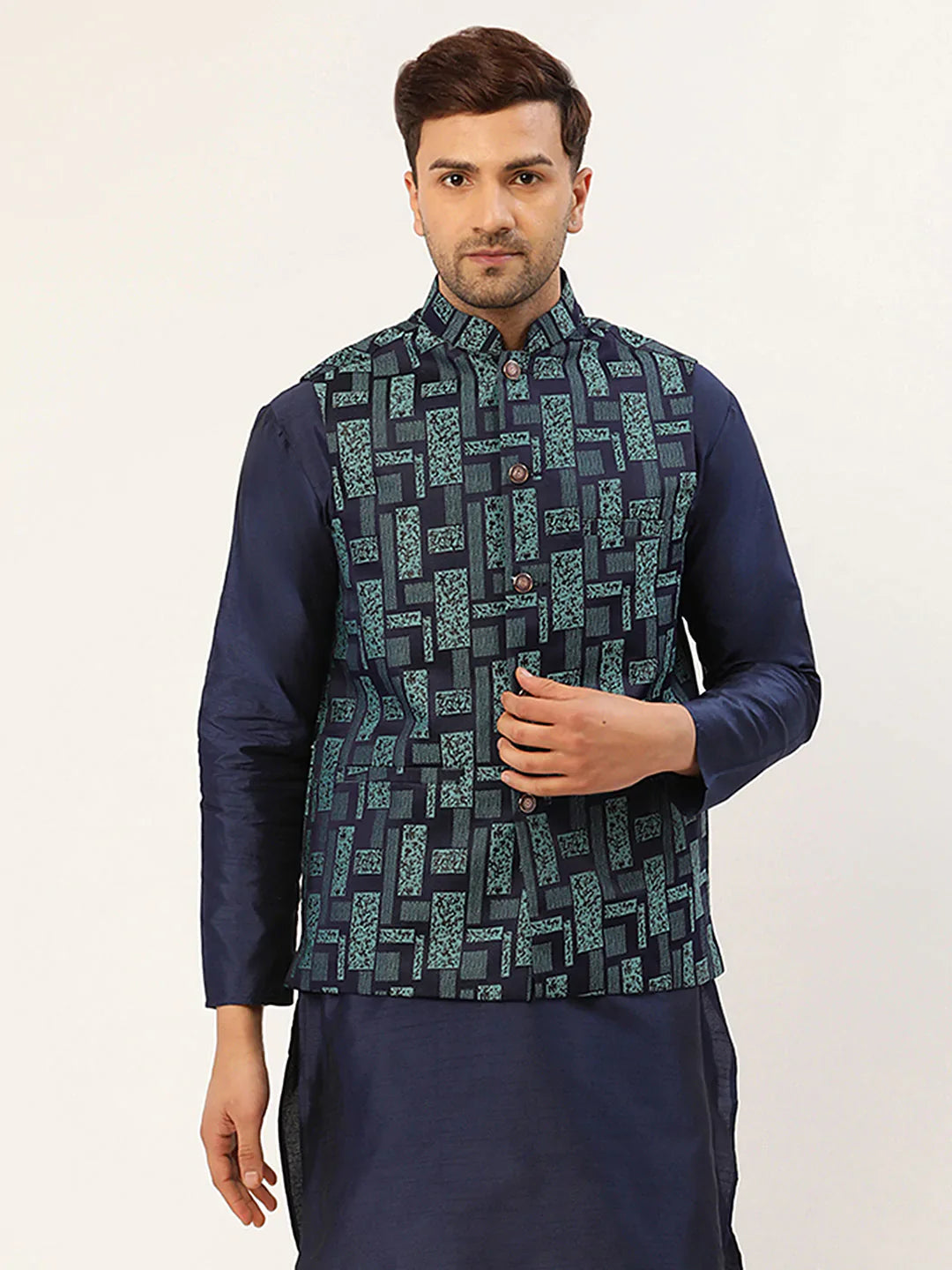 Jompers Men's Blue Woven Design Nehru Jacket - Distacart