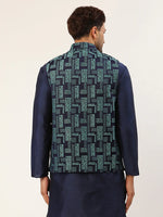 Thumbnail for Jompers Men's Blue Woven Design Nehru Jacket - Distacart