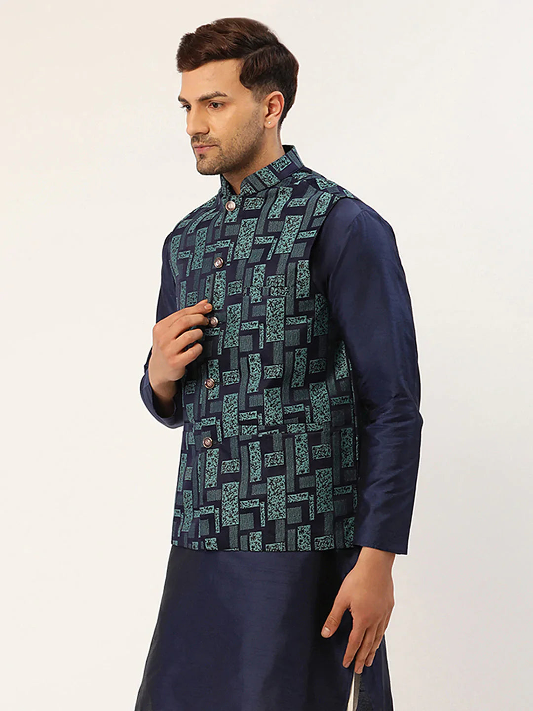 Jompers Men's Blue Woven Design Nehru Jacket - Distacart