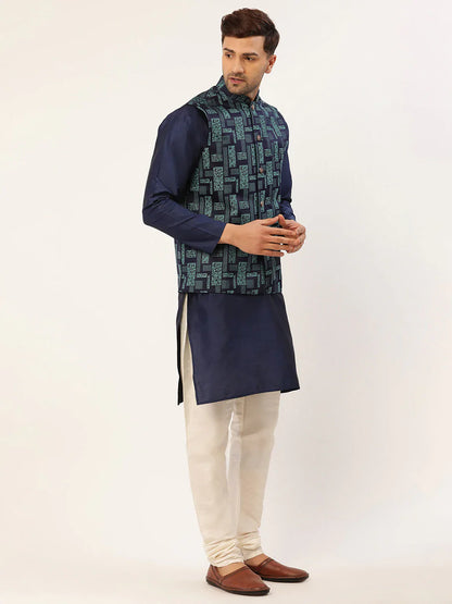 Jompers Men's Blue Woven Design Nehru Jacket - Distacart