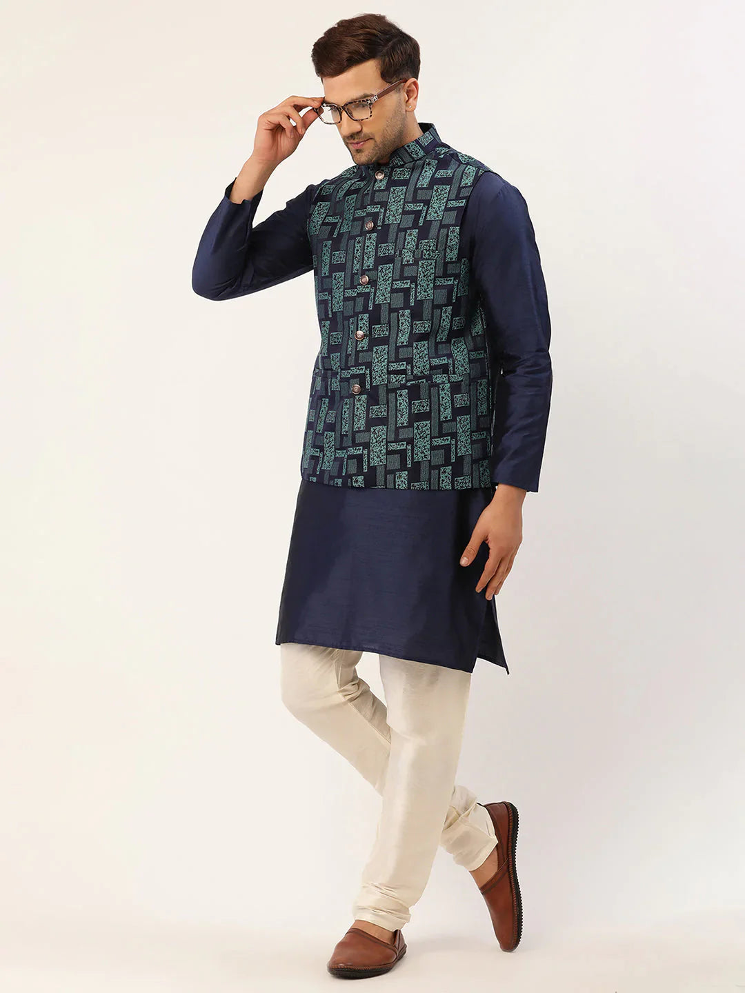 Jompers Men's Blue Woven Design Nehru Jacket - Distacart