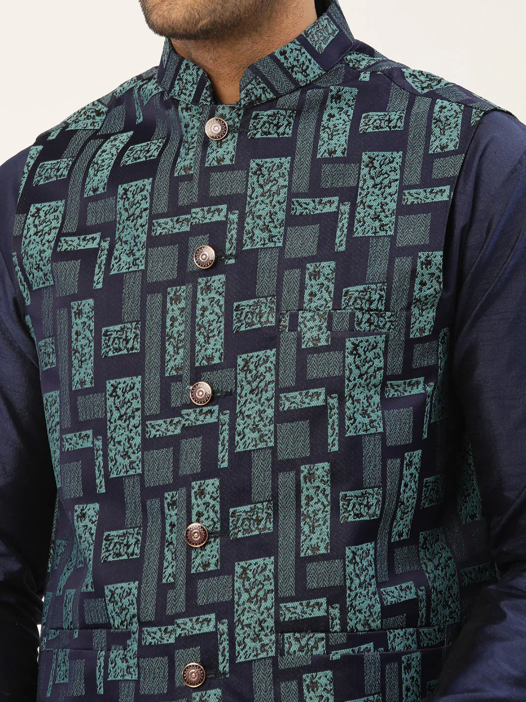 Jompers Men's Blue Woven Design Nehru Jacket - Distacart