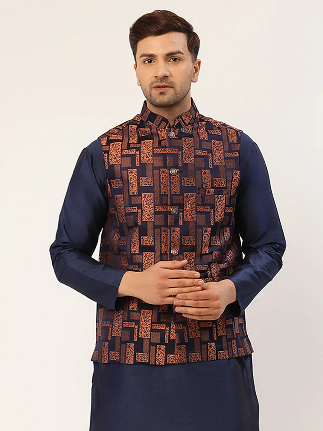 Jompers Men's Bronze & Navy Blue embossed Nehru Jacket - Distacart