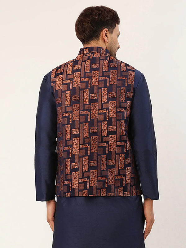 Jompers Men's Bronze & Navy Blue embossed Nehru Jacket - Distacart
