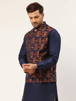 Thumbnail for Jompers Men's Bronze & Navy Blue embossed Nehru Jacket - Distacart