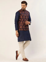 Thumbnail for Jompers Men's Bronze & Navy Blue embossed Nehru Jacket - Distacart